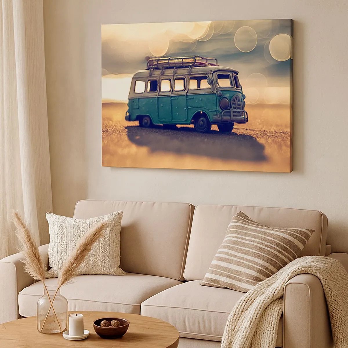 Canvas picture - Retro bus against blurred light - 70x50cm - The End of Idol of Money and Work - Modern wall decoration for the living room and bedroom ARTTOR