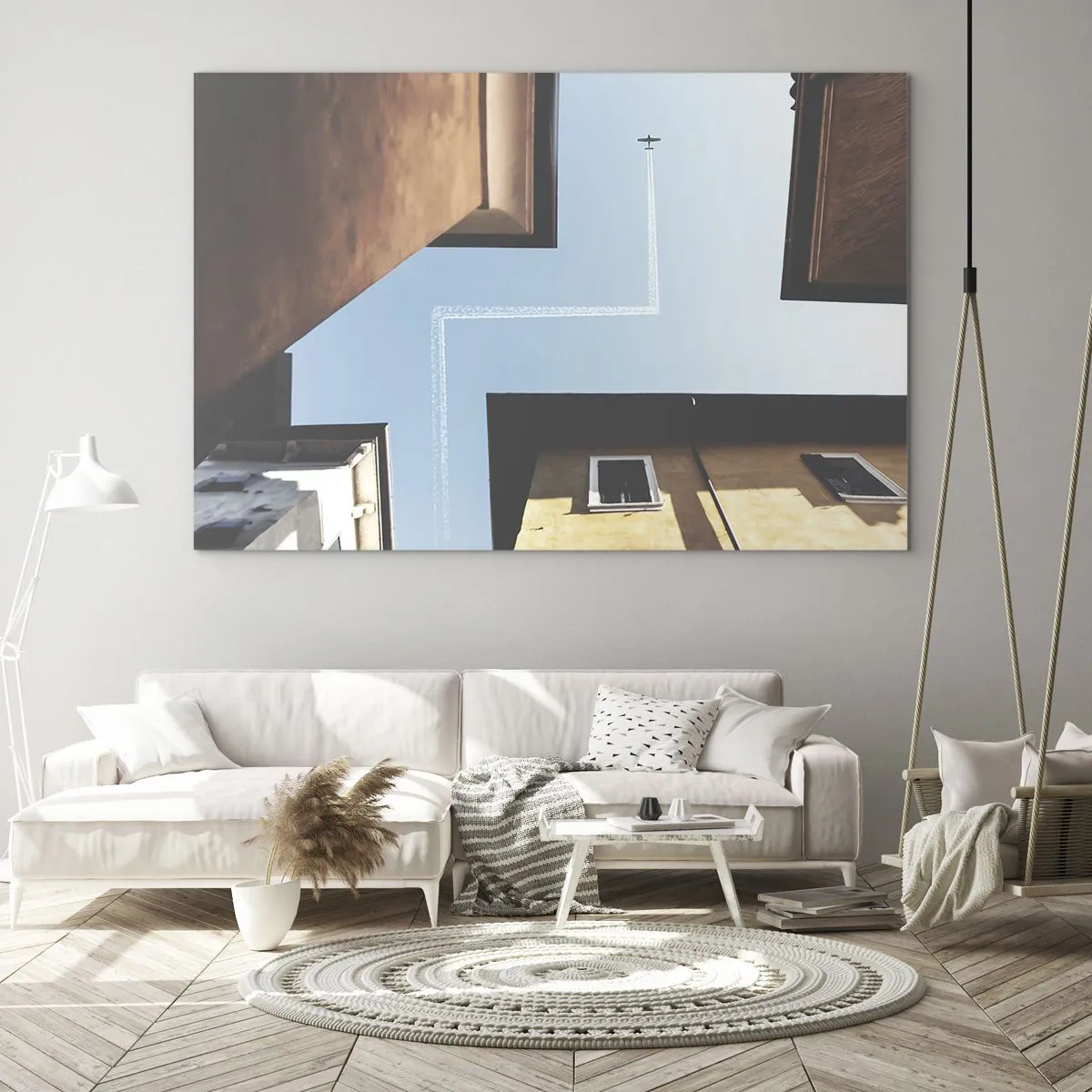 Glass picture - A plane over the city seen from a courtyard between tenement houses - 70x50cm - Above City Maze - Modern wall decoration for the living room and bedroom ARTTOR