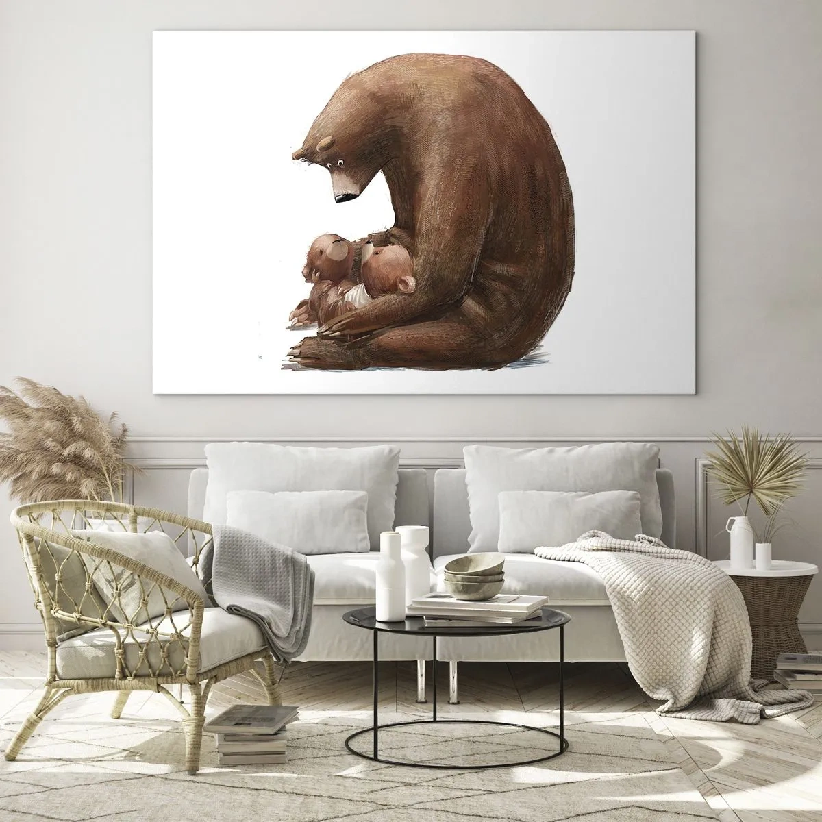 Glass picture - A mother bear hugging two little bear cubs - 70x50cm - Sweet Dreams, Kids - Modern wall decoration for the living room and bedroom ARTTOR