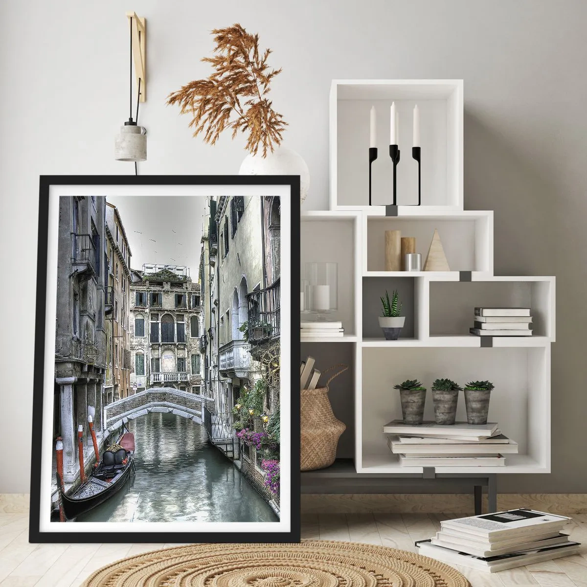 Poster in black frame - A canal in Venice with a gondola and bridge in the background - 50x70cm - For Centuries in Quiet Contemplation - Modern wall decoration for the living room and bedroom ARTTOR