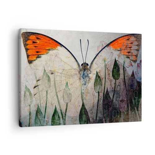 Canvas picture - A butterfly with orange wings against a background of stylized flowers. - 70x50cm - When a Butterfly is Swinging on the Grass - Modern wall decoration for the living room and bedroom ARTTOR