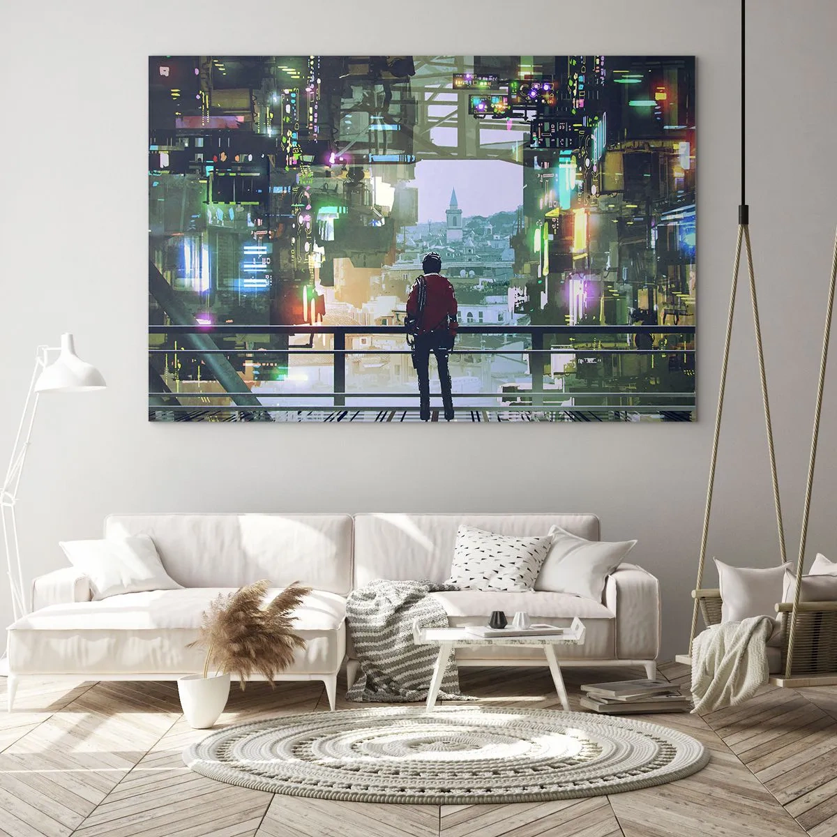 Glass picture - A figure against the background of a futuristic city with a view of the old town - 70x50cm - Two Worlds - Modern wall decoration for the living room and bedroom ARTTOR