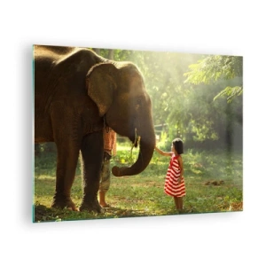 Glass picture - A girl in a red dress touching an elephant in the forest. - 70x50cm - Power of Friendship - Modern wall decoration for the living room and bedroom ARTTOR