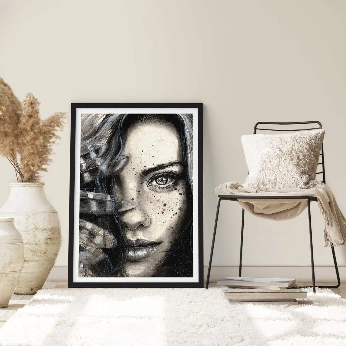 Poster in black frame - Portrait of a woman in a monochrome style - 50x70cm - Wild Beauty - Modern wall decoration for the living room and bedroom ARTTOR
