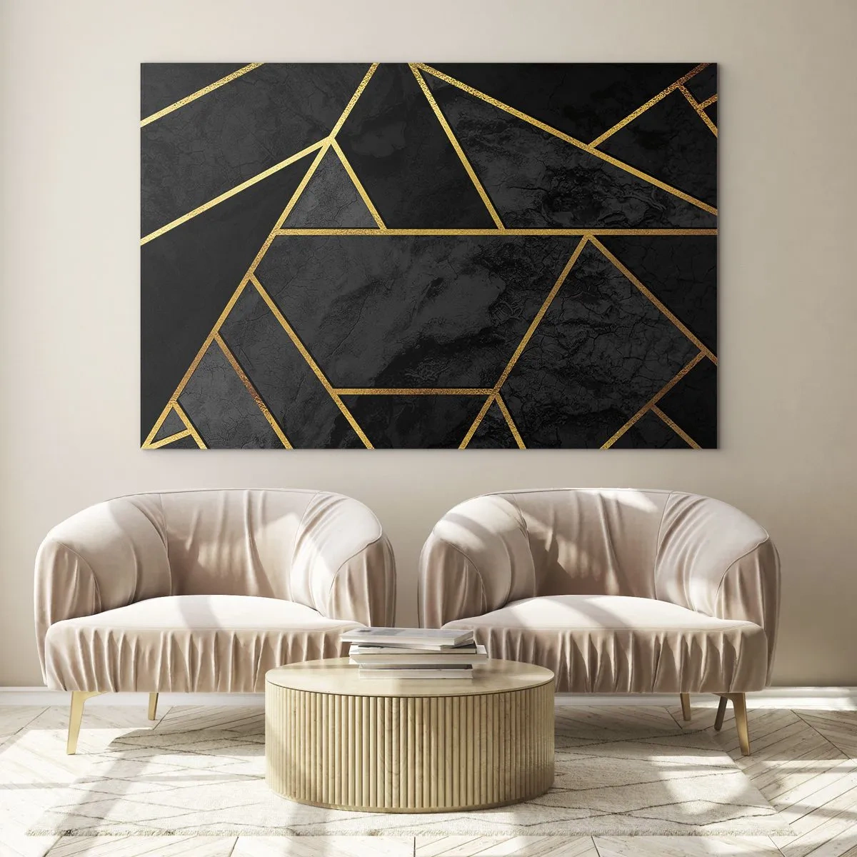 Glass picture - Black and gold geometric composition on a marble background - 70x50cm - Darkness and Brighness - Modern wall decoration for the living room and bedroom ARTTOR