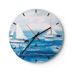 Wall clock - Clock on glass - White sailboats on a blue sea in a painterly style - 30x30cm - With a Friend by the Side - Modern wall decoration for the living room, kitchen, and bedroom ARTTOR