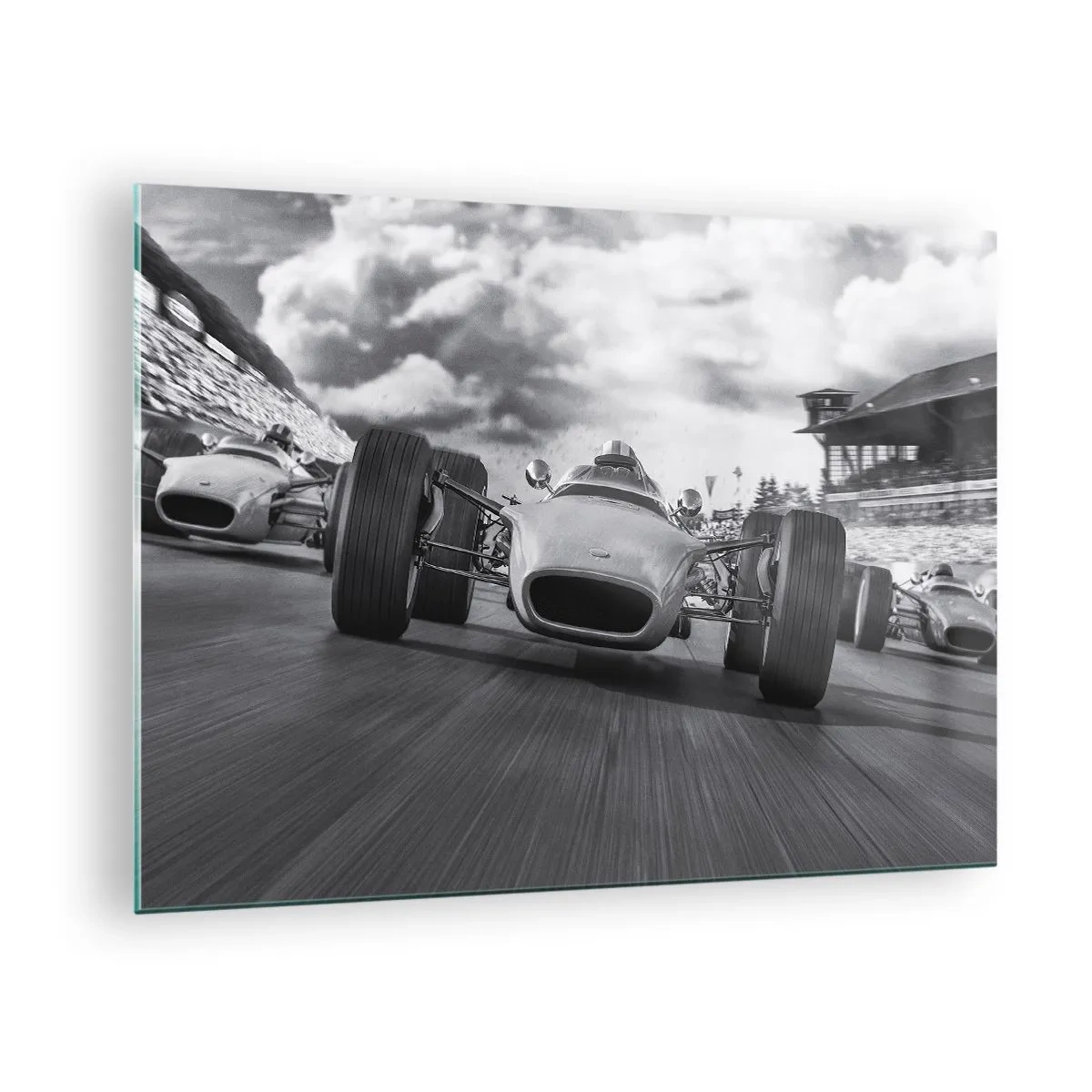 Glass picture - Classic car race on a track in black and white - 70x50cm - There is Power! - Modern wall decoration for the living room and bedroom ARTTOR
