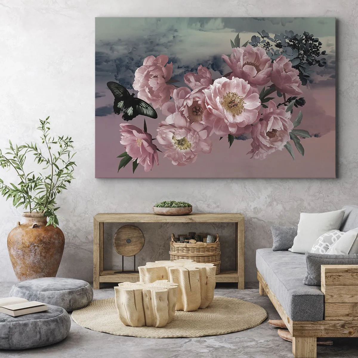 Canvas picture - Pink peonies with a butterfly on a pastel background - 70x50cm - Peak of Romanticism - Modern wall decoration for the living room and bedroom ARTTOR