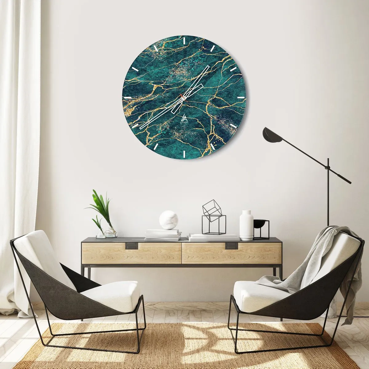 Wall clock - Clock on glass - A green and gold pattern resembling a mineral with gold veins - 30x30cm - Gold Vein - Modern wall decoration for the living room, kitchen, and bedroom ARTTOR