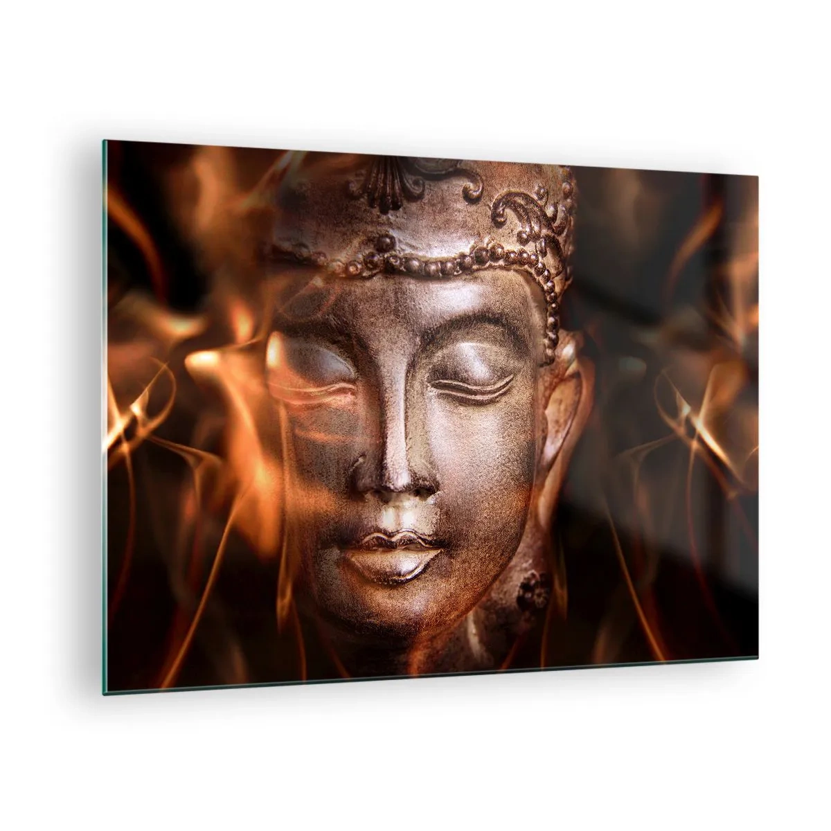 Glass picture - The hazy face of the Buddha in warm shades of gold and brown - 70x50cm - There Is Only Now and Here - Modern wall decoration for the living room and bedroom ARTTOR