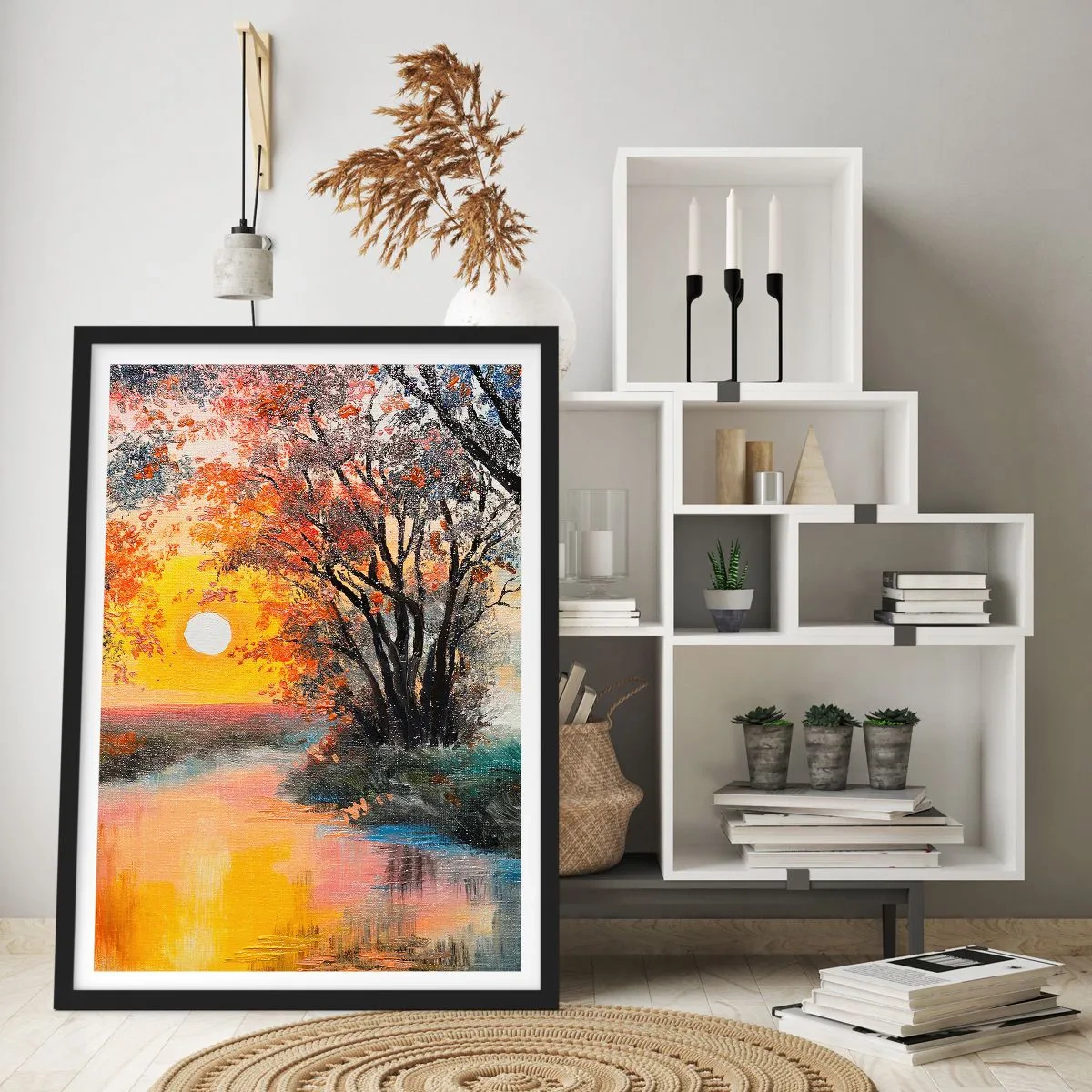 Poster in black frame - Sunset over a river with trees - 50x70cm - Autumn Impressions - Modern wall decoration for the living room and bedroom ARTTOR