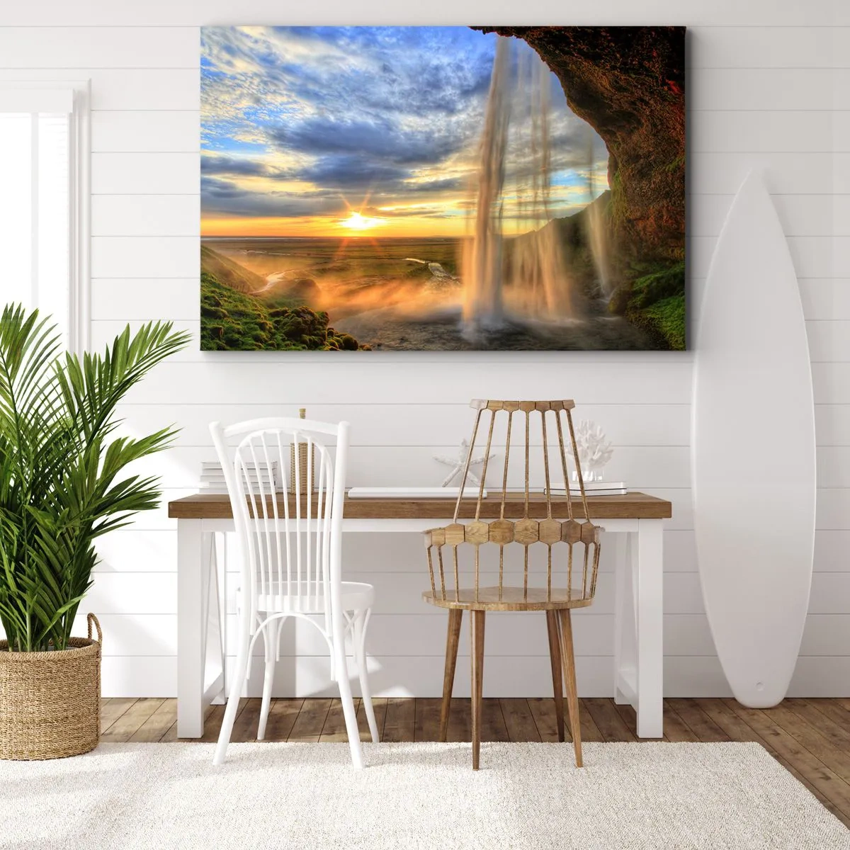 Canvas picture - A waterfall illuminated by sunlight against a landscape backdrop - 70x50cm - World behind Raindrops - Modern wall decoration for the living room and bedroom ARTTOR