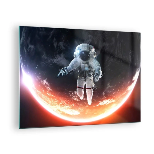 Glass picture - Astronaut in space with a planet in the background - 70x50cm - Can I Stay a Bit More? - Modern wall decoration for the living room and bedroom ARTTOR