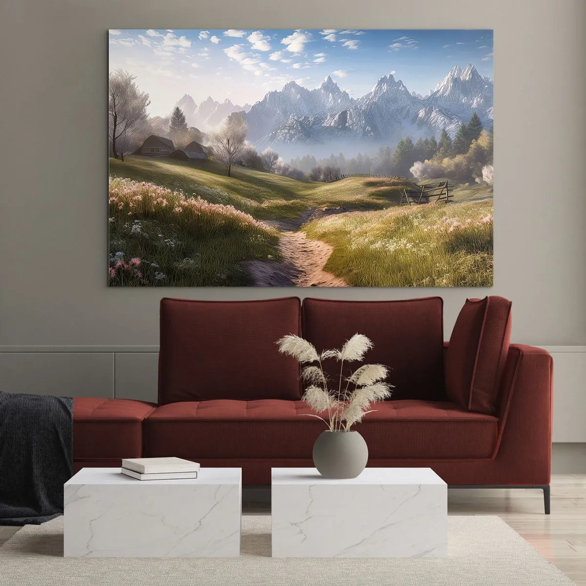 Glass picture - Spring landscape with a valley, flowers and mountains in the background in the morning - 70x50cm - Quiet Valley - Modern wall decoration for the living room and bedroom ARTTOR