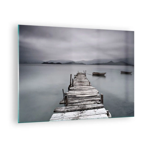 Glass picture - A wooden jetty on a lake on a foggy day - 70x50cm - Tomorrow You Can Go - Modern wall decoration for the living room and bedroom ARTTOR