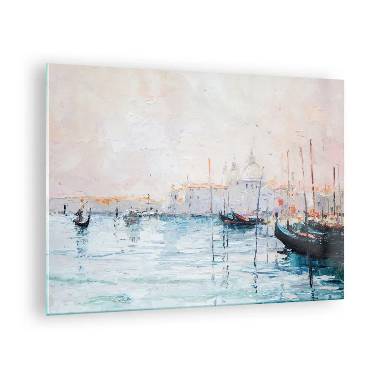 Glass picture - Impressionist landscape with boats and buildings - 70x50cm - Behind Water behind Fog - Modern wall decoration for the living room and bedroom ARTTOR