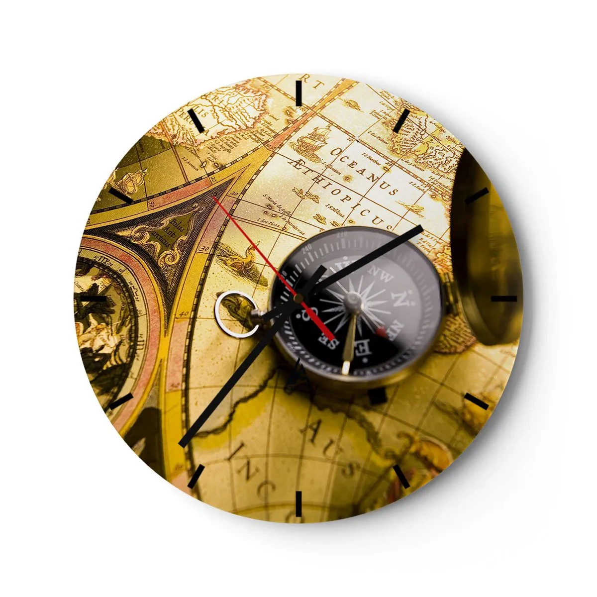 Wall clock - Clock on glass - compass on an old map background - 30x30cm - To the End of the World? - Modern wall decoration for the living room, kitchen, and bedroom ARTTOR
