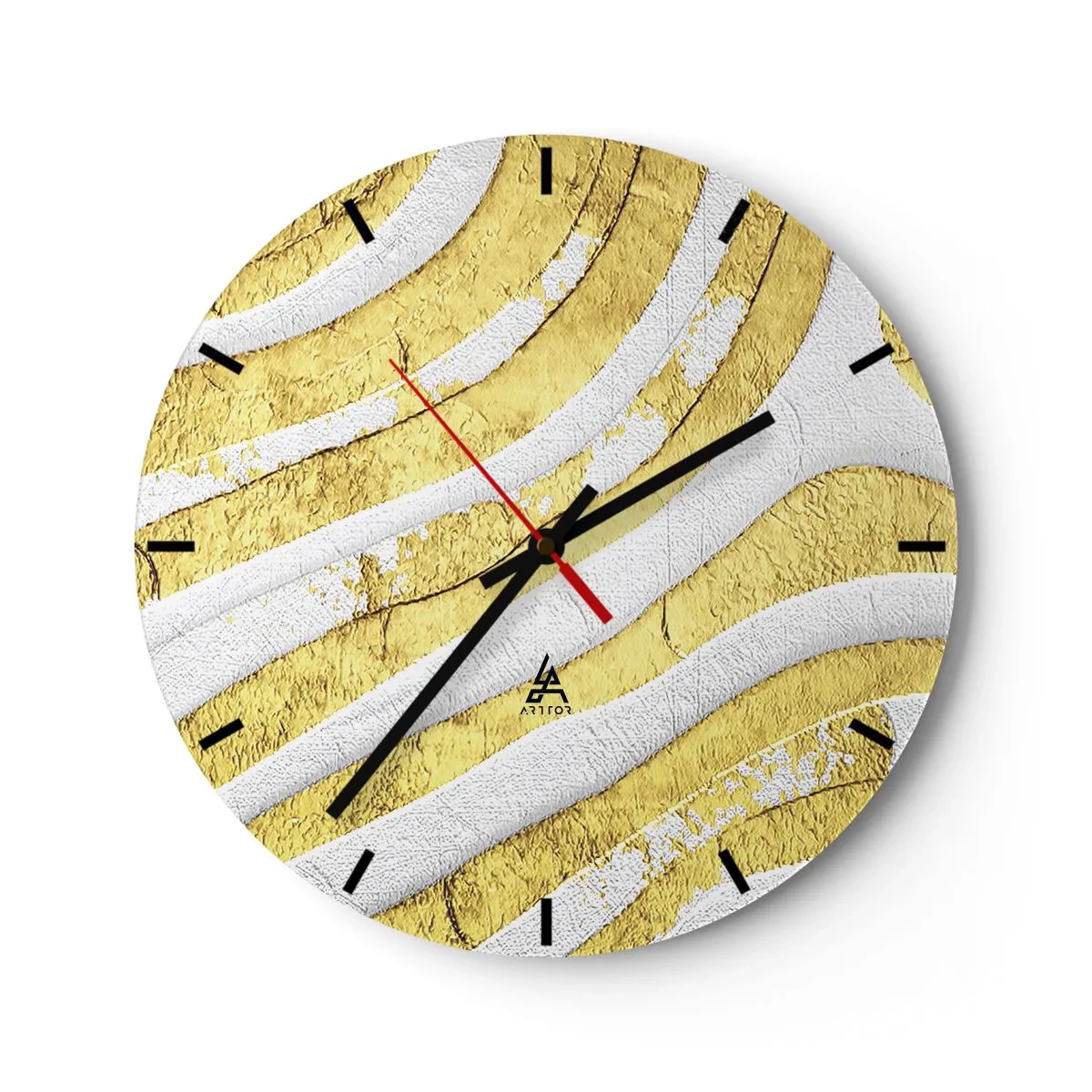 Wall clock - Clock on glass - Gold and white waves in an abstract texture - 30x30cm - Composition in White and Gold - Modern wall decoration for the living room, kitchen, and bedroom ARTTOR