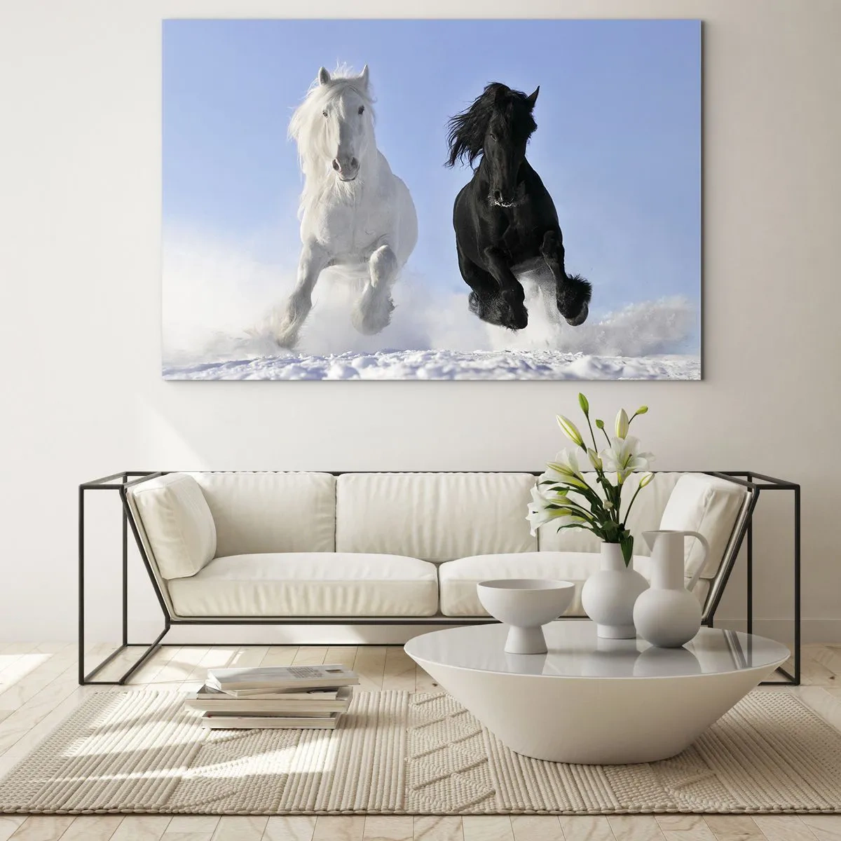 Glass picture - Black and White Gallop - 120x80 cm