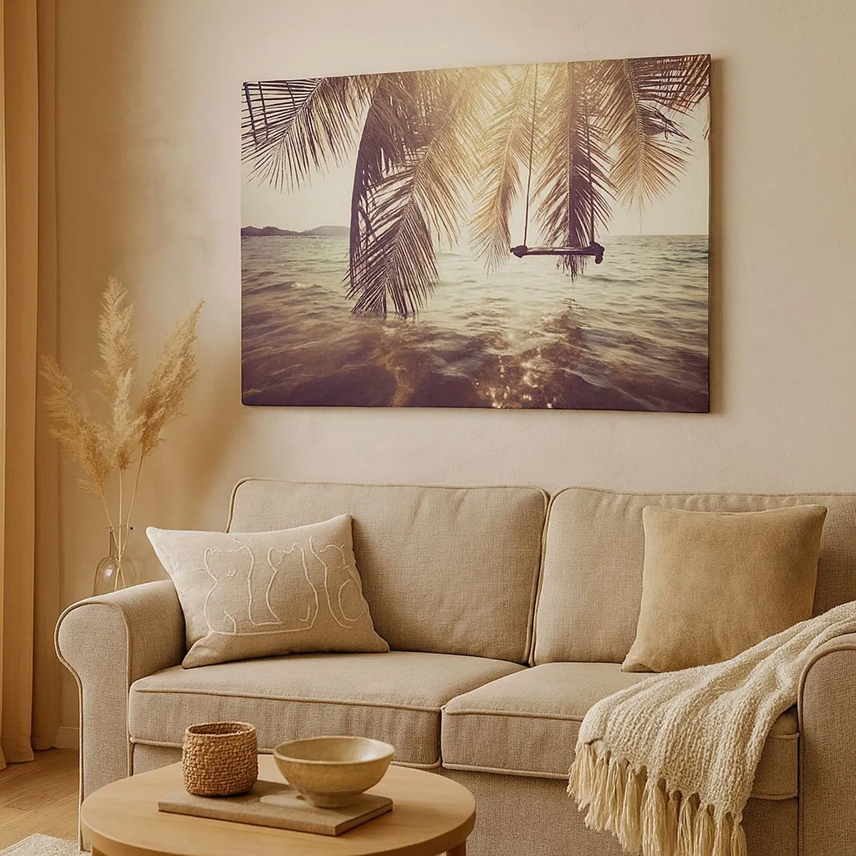 Canvas picture - Palm tree with a swing over the water in the sunlight - 70x50cm - You Can Dream as Much as You Wish - Modern wall decoration for the living room and bedroom ARTTOR