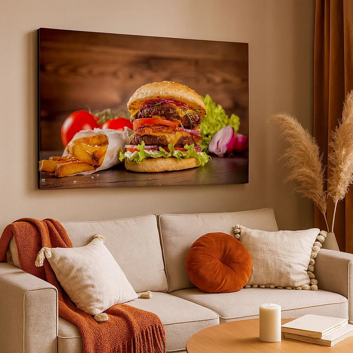Canvas picture - Appetizing burger with extras - 70x50cm - Forbidden Fruit - Modern wall decoration for the living room and bedroom ARTTOR