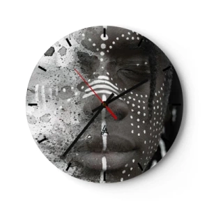 Wall clock - Clock on glass - Portrait of a person with symbolic face painting in shades of gray. - 30x30cm - Dsicover Primordial Spirit - Modern wall decoration for the living room, kitchen, and bedroom ARTTOR