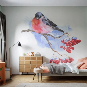 Photo Wallpaper Standard Eco - Winter in Colour - Bird On A Branch, Red Rowan, Graphics - 200x140 cm
