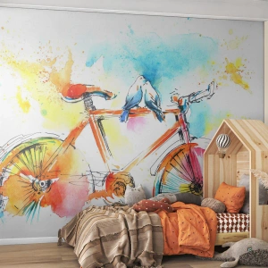 Photo Wallpaper Premium Canvas - Together on a Bike - Abstraction, Bicycle, Birds - 400x280 cm