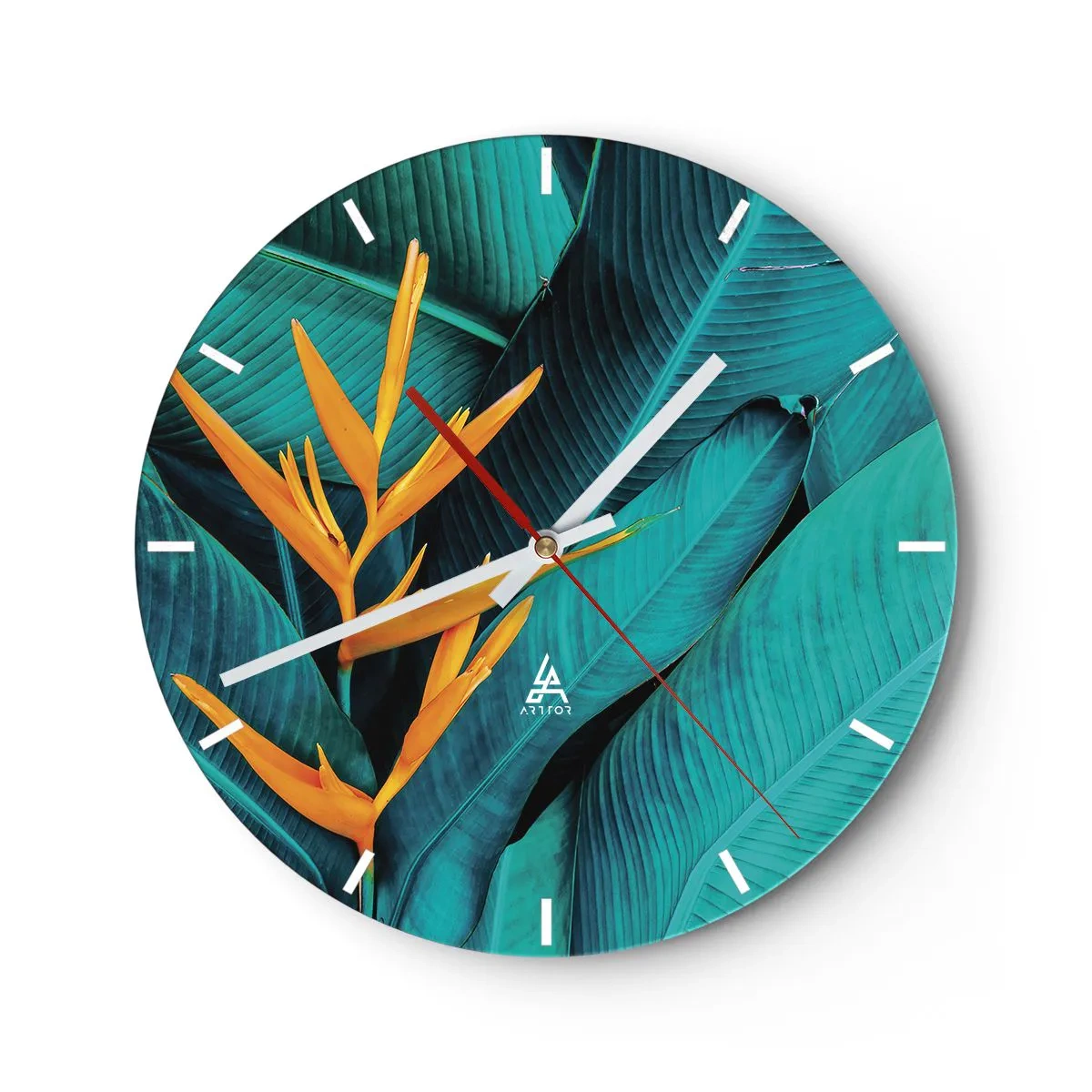 Wall clock - Clock on glass - An exotic flower against a background of green leaves - 30x30cm - Flower of Eden - Modern wall decoration for the living room, kitchen, and bedroom ARTTOR