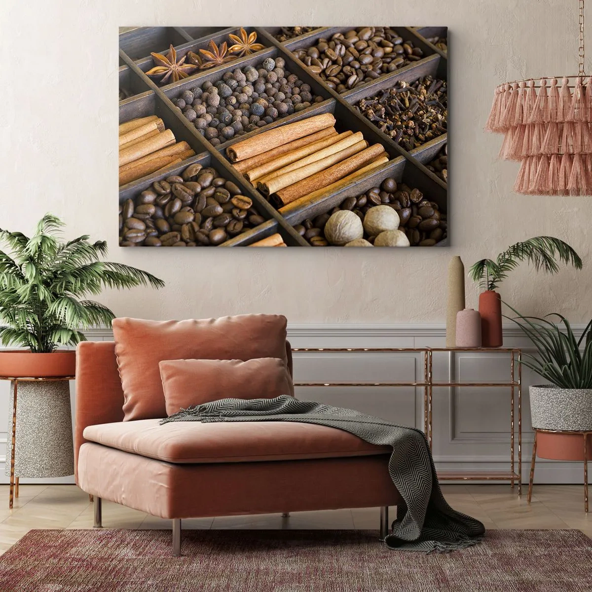 Canvas picture - Spices and coffee in wooden compartments - 70x50cm - Treasury of Aromas - Modern wall decoration for the living room and bedroom ARTTOR