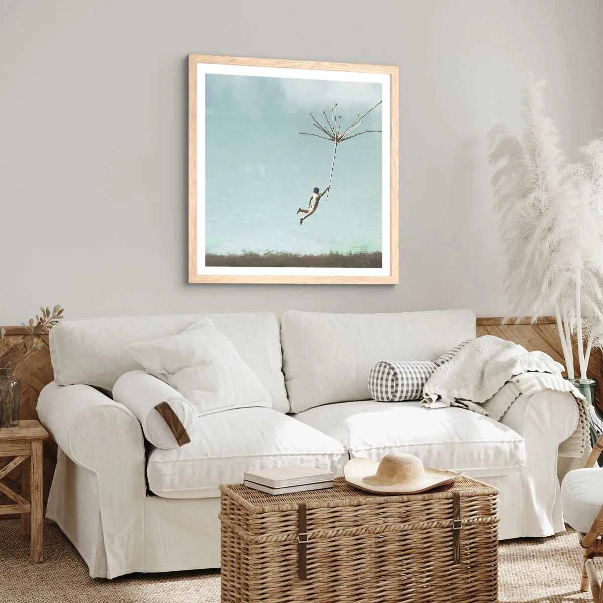 Poster in light oak frame - Kites, Dandelions, Wind - 60x60 cm