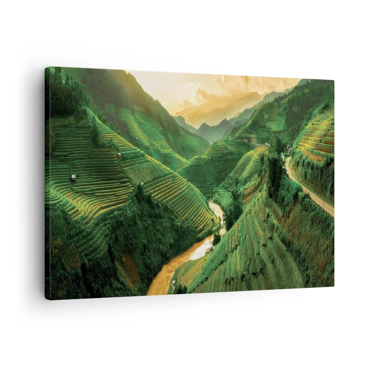 Canvas picture - Picturesque rice terraces in a green valley illuminated by the setting sun - 70x50cm - Vietnamese Valley - Modern wall decoration for the living room and bedroom ARTTOR