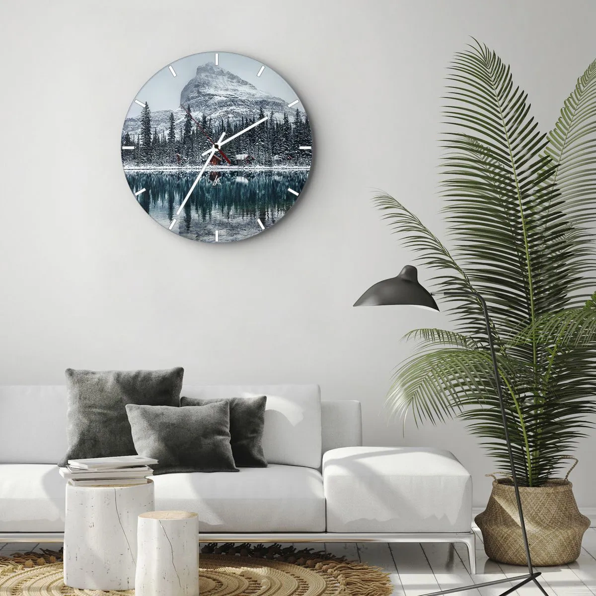 Wall clock - Clock on glass - Winter landscape with a lake, forest and mountain in the background - 30x30cm - Canadian Retreat - Modern wall decoration for the living room, kitchen, and bedroom ARTTOR