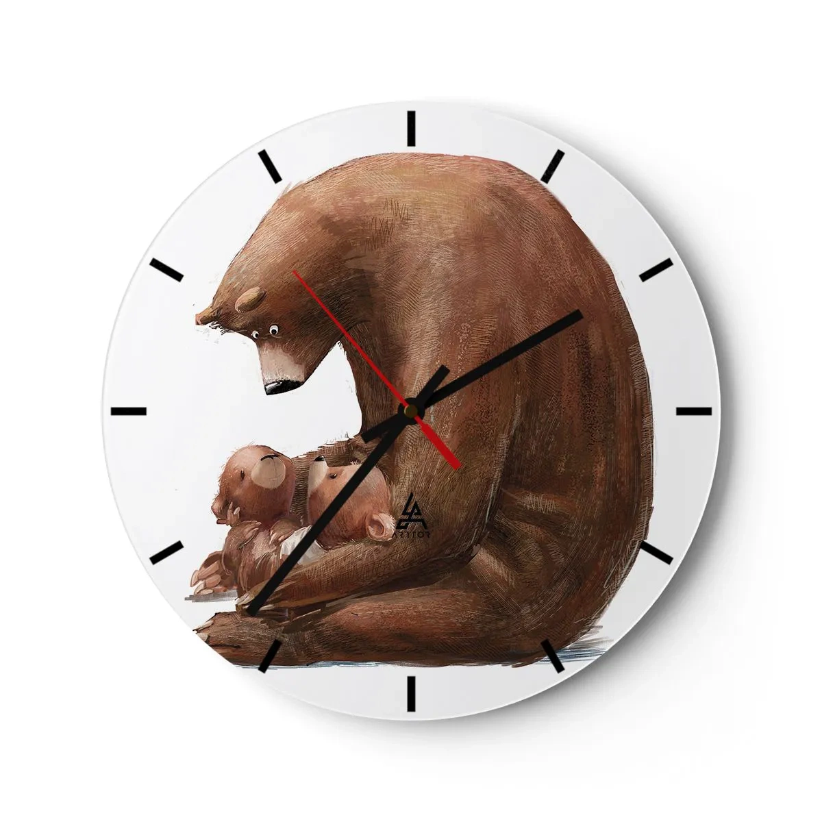 Wall clock - Clock on glass - A teddy bear hugging two little bears on a white background - 30x30cm - Sweet Dreams, Kids - Modern wall decoration for the living room, kitchen, and bedroom ARTTOR