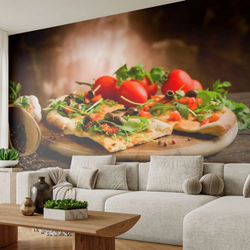 Photo Wallpaper Premium Sand - Straight from the Oven and Garden - Gastronomy, Pizza, Italy - 100x70 cm