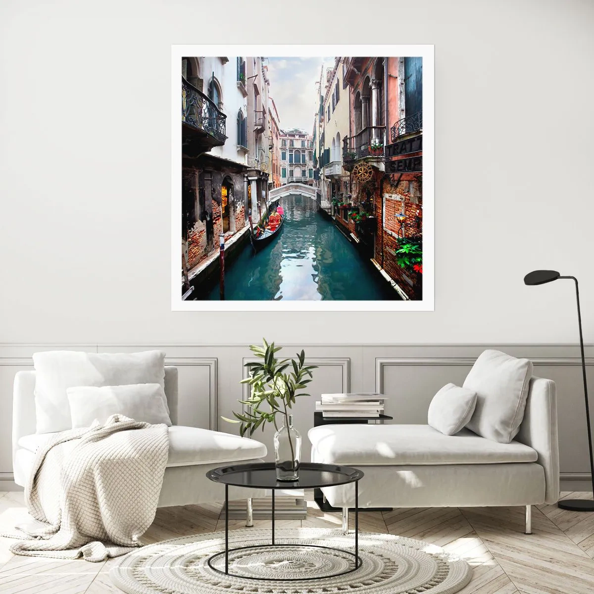 Poster - Venetian View with a Gondola and a Bridge - 30x30 cm