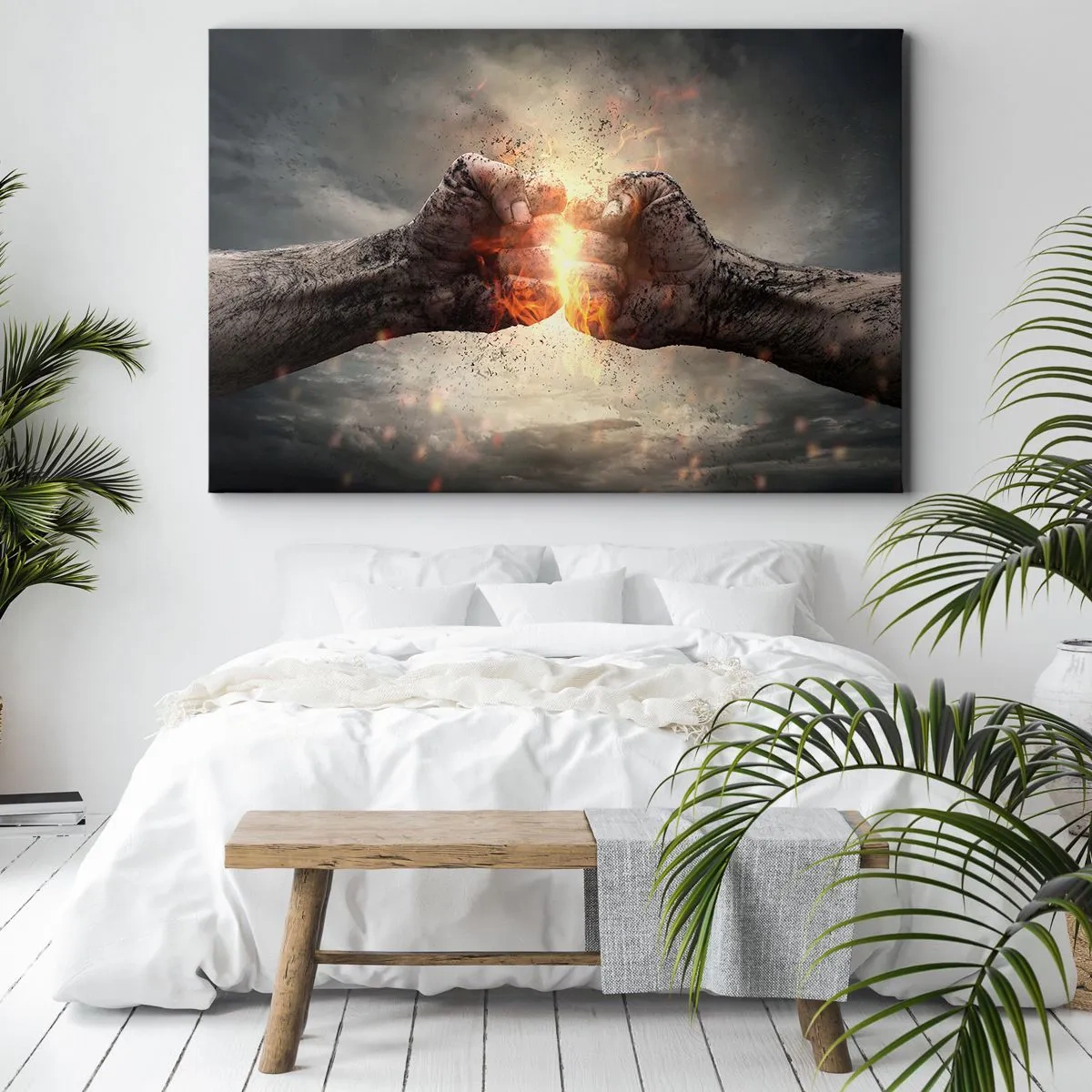 Canvas picture - Clenched fists in a dynamic fire scene - 70x50cm - Stand Up and Fight - Modern wall decoration for the living room and bedroom ARTTOR