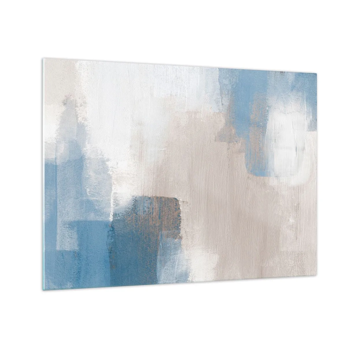 Glass picture - Beige and blue abstraction in pastel colors - 70x50cm - Pink Abstract with a Blue Curtain - Modern wall decoration for the living room and bedroom ARTTOR