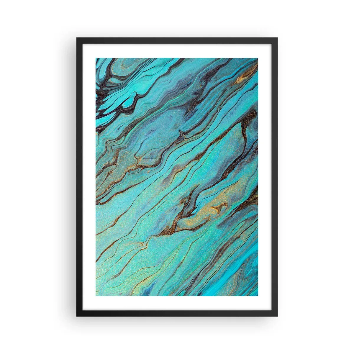 Poster in black frame - Abstract patterns in shades of turquoise and gold - 50x70cm - Turquoise Tide - Modern wall decoration for the living room and bedroom ARTTOR