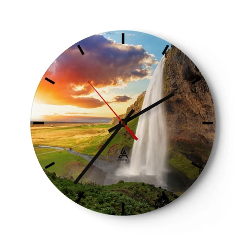 Wall clock - Clock on glass - A waterfall in the Icelandic landscape at sunset - 30x30cm - Midsummer in Iceland - Modern wall decoration for the living room, kitchen, and bedroom ARTTOR