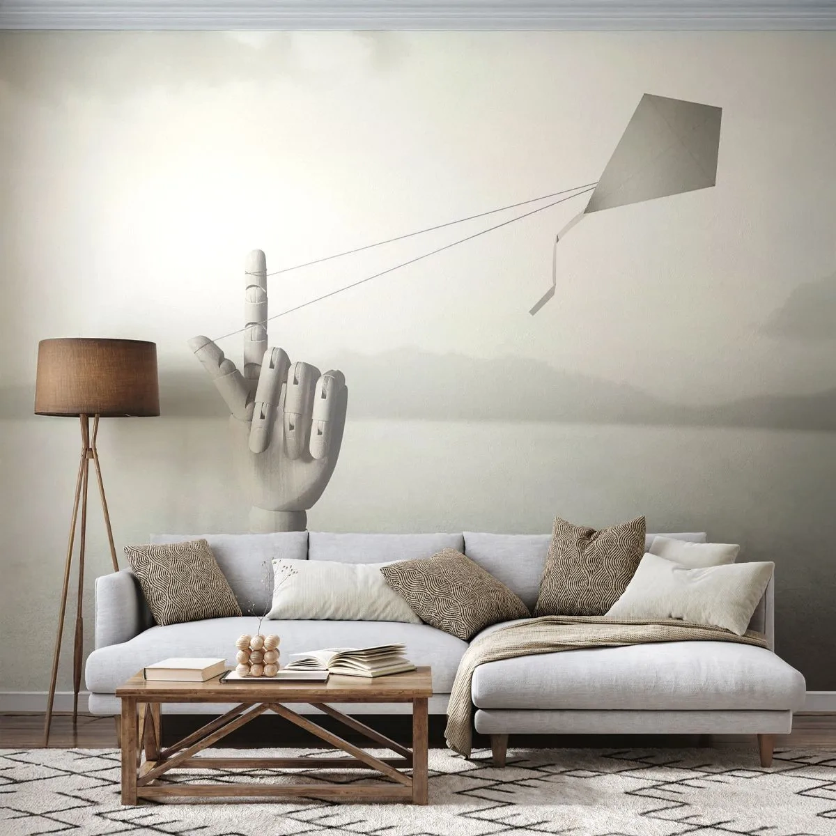 Photo Wallpaper Premium Sand - Test of Strengths - Abstraction, Hand, Kite - 100x70 cm