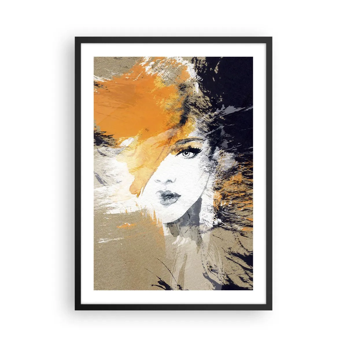 Poster in black frame - Portrait of a woman in an artistic style with orange accents - 50x70cm - And There Was Light - Modern wall decoration for the living room and bedroom ARTTOR