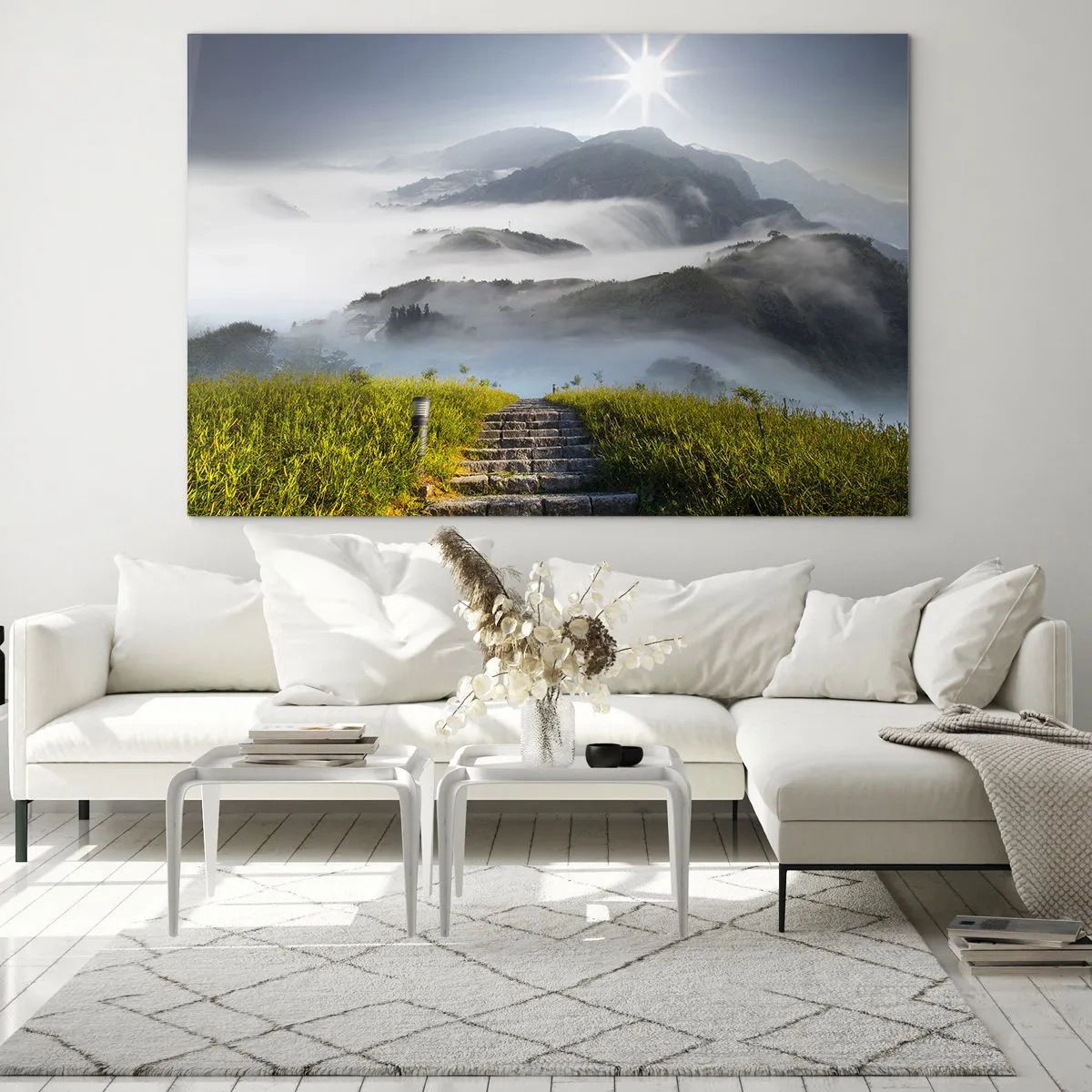 Glass picture - Mountain landscape with fog and stairs leading to the summit - 70x50cm - Upwards towards the Clouds - Modern wall decoration for the living room and bedroom ARTTOR