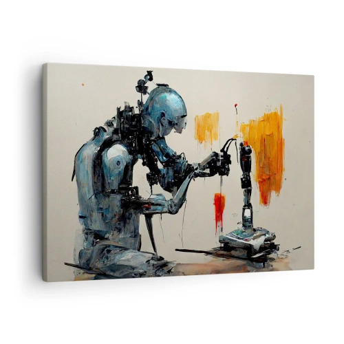 Canvas picture - Robot at work with abstract background - 70x50cm - This Is Tomorrow - Modern wall decoration for the living room and bedroom ARTTOR