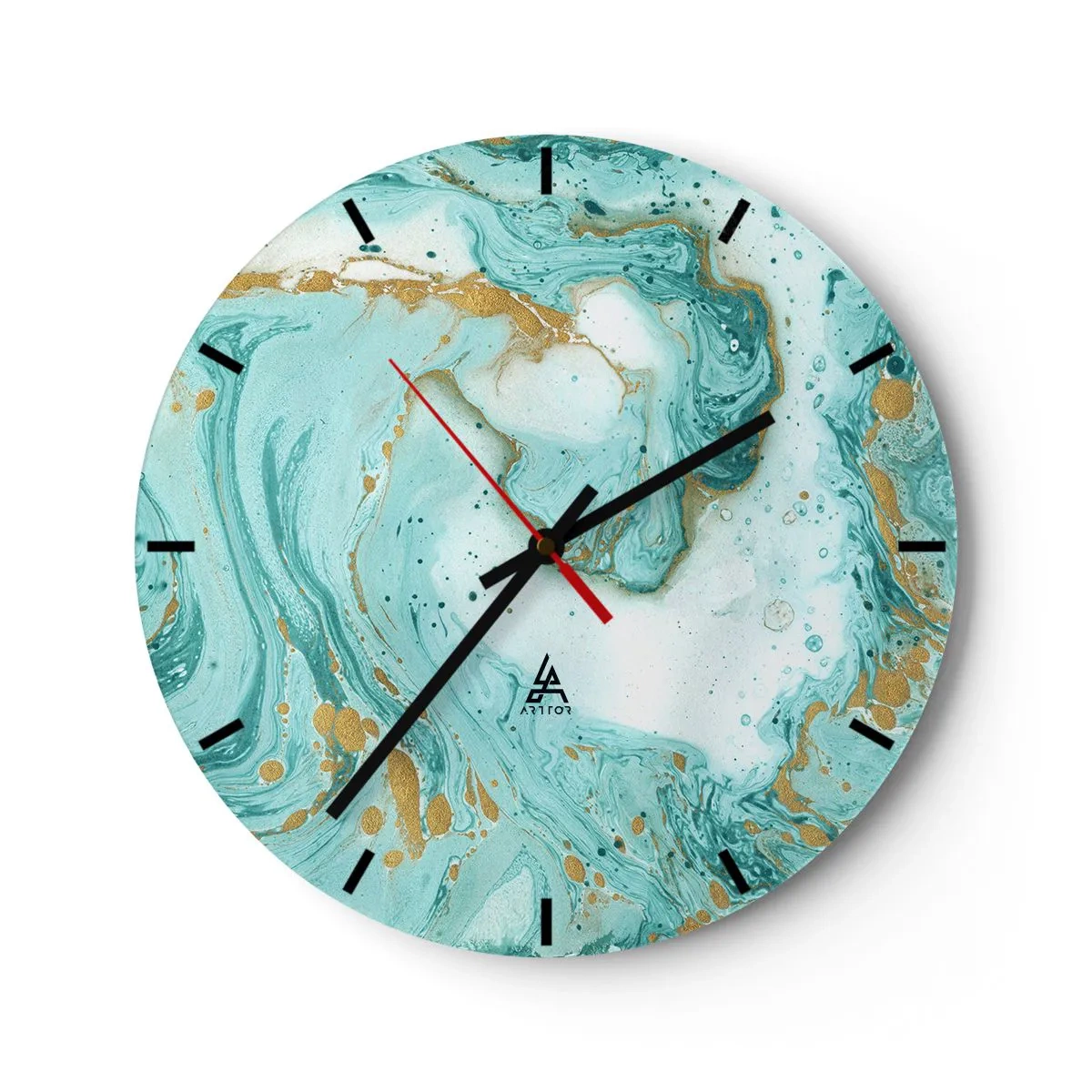Wall clock - Clock on glass - Abstract pattern in shades of turquoise - 30x30cm - Under the Great Wave of the Edo Period - Modern wall decoration for the living room, kitchen, and bedroom ARTTOR