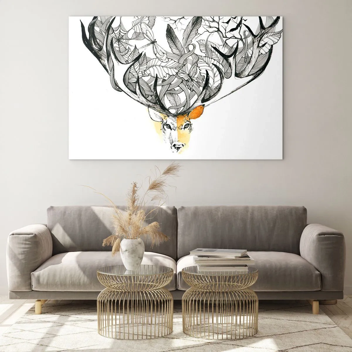 Glass picture - Drawing of a deer with fancy antlers - 70x50cm - Cornucopia - Modern wall decoration for the living room and bedroom ARTTOR