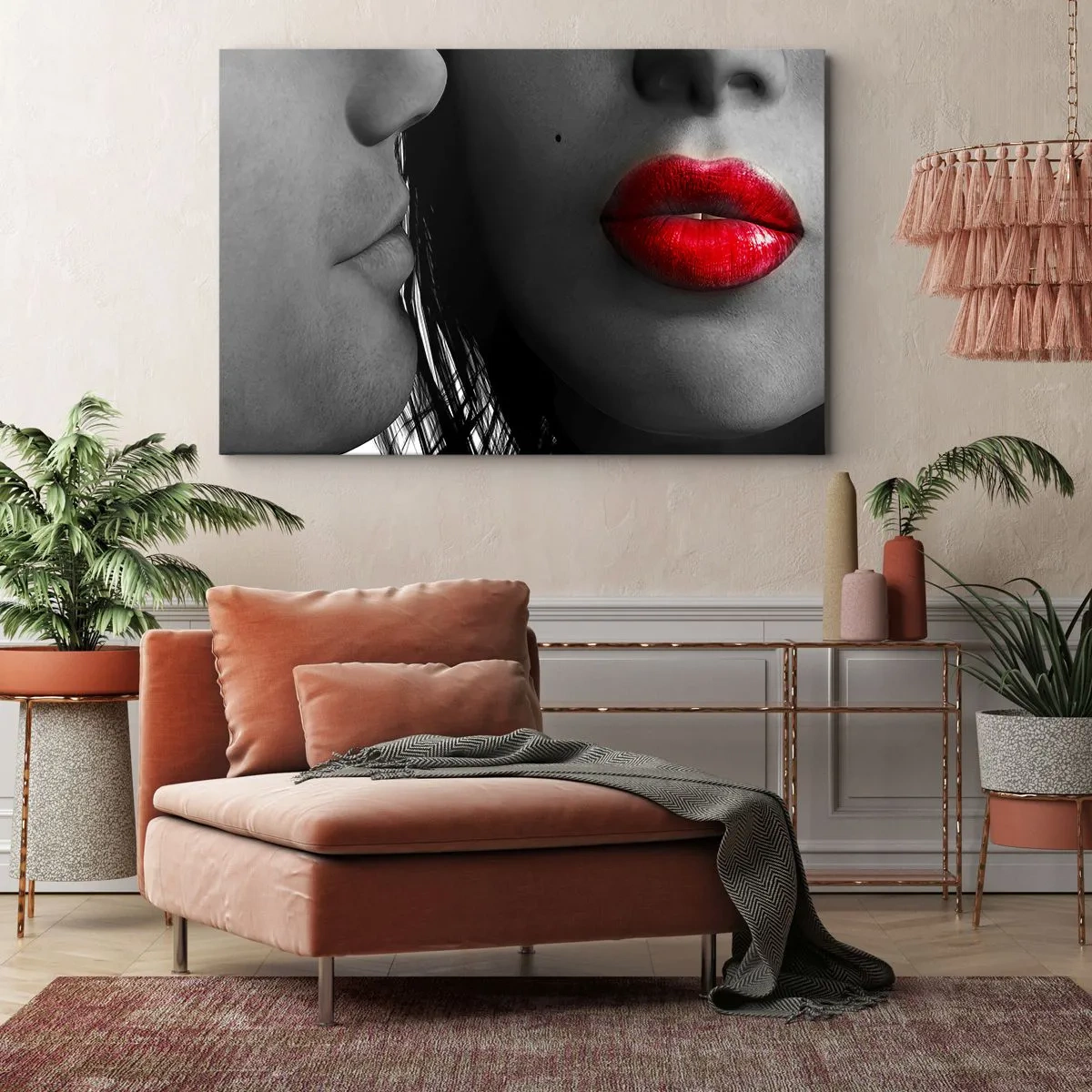 Canvas picture - Close-up of the faces of a woman and a man with red lips. - 70x50cm - Face by Face - Modern wall decoration for the living room and bedroom ARTTOR