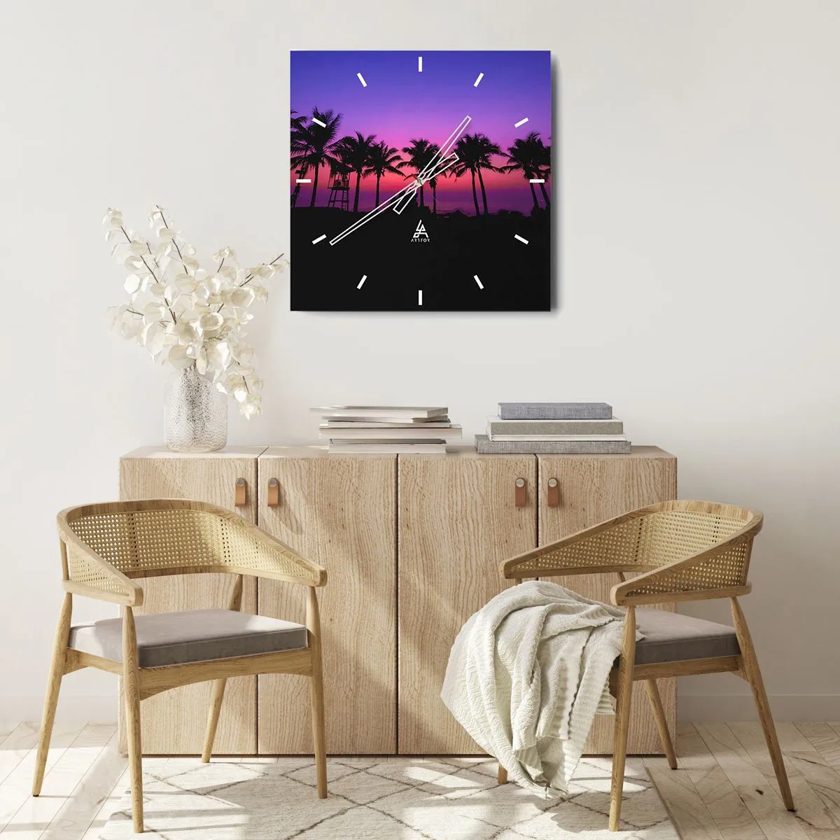 Wall clock - Clock on glass - Evening under the Palms - 40x40 cm
