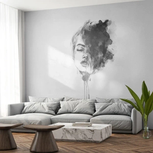 Photo Wallpaper Standard Eco - Black and white watercolor painting of a woman's face in an artistic style - 100x70cm - What Does a Girl Dream about? - Modern wall decoration for the living room and bedroom ARTTOR
