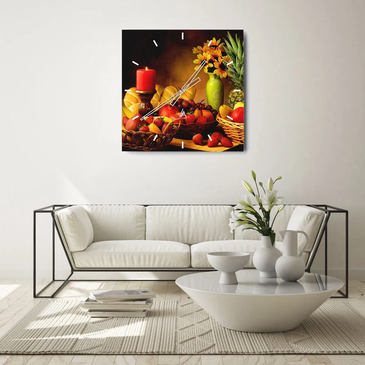 Wall clock - Clock on glass - Still Nature with Bread and Fruit - 40x40 cm